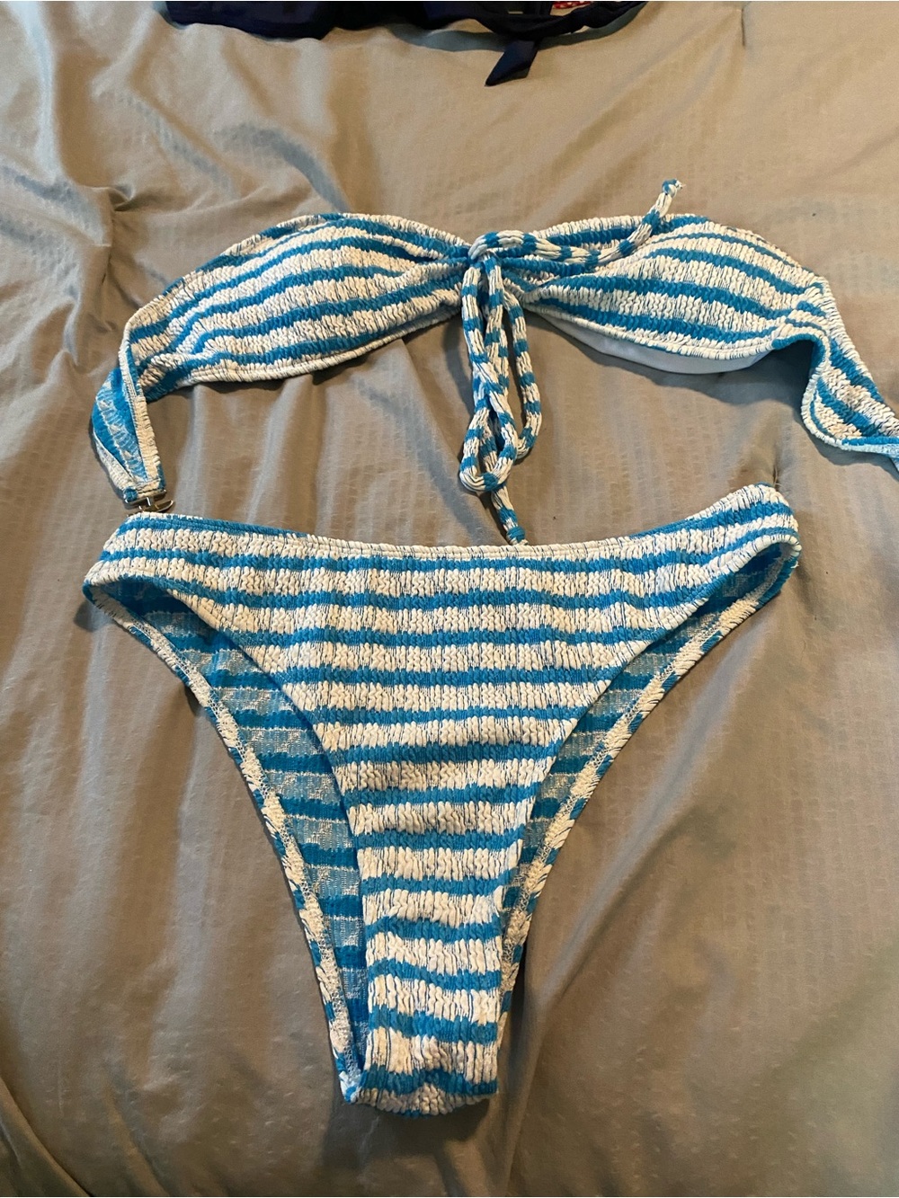 Striped Blue & White Textured Bikini Set